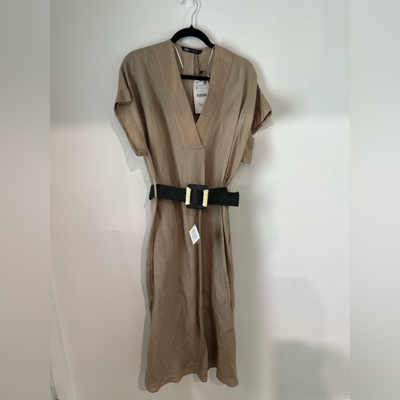 Zara oversized Beige linen belted V-Neck Dress size small new with tags - Picture 12 of 13